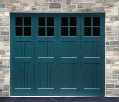 Painted wood door is a bifold-style with 16 lites