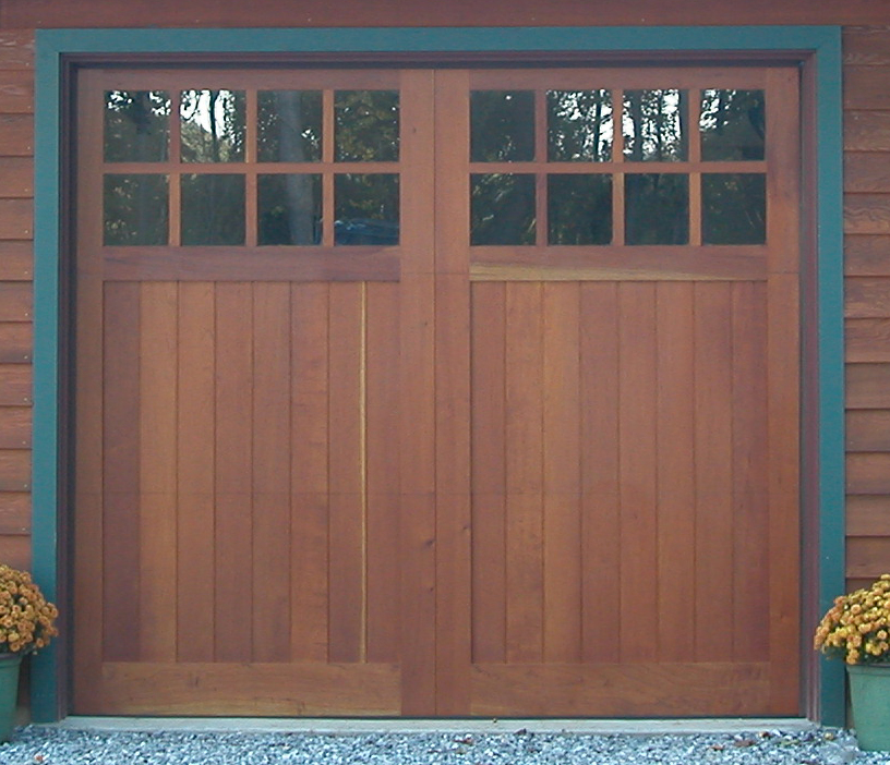 swing-style door with 16 lites finished in a beautiful stain.