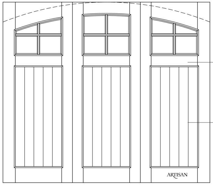 Sketch of trifold style door with 12 lites and arch top