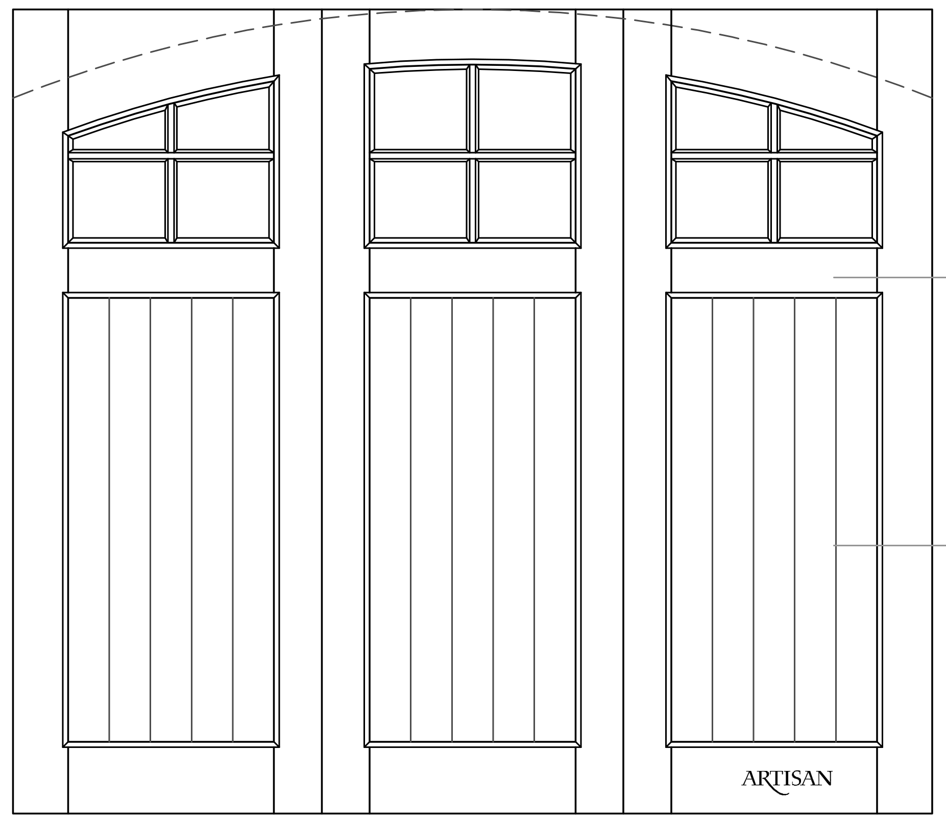 Sketch of trifold style door with 12 lites and arch top