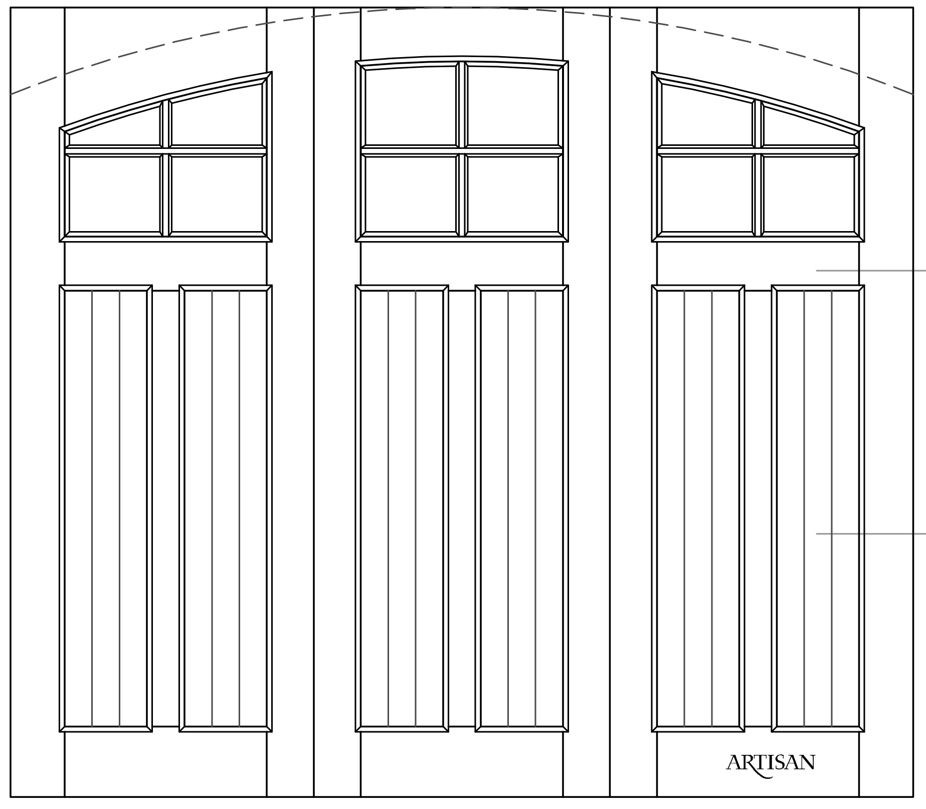 Sketch of trifold style door with 12 lites and arched top