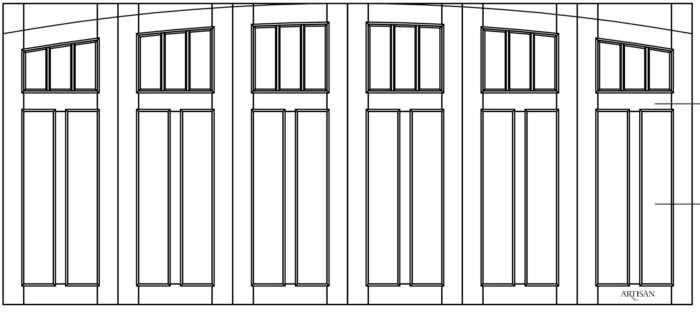 Sketch of trifold style door with 18 lites and arch top