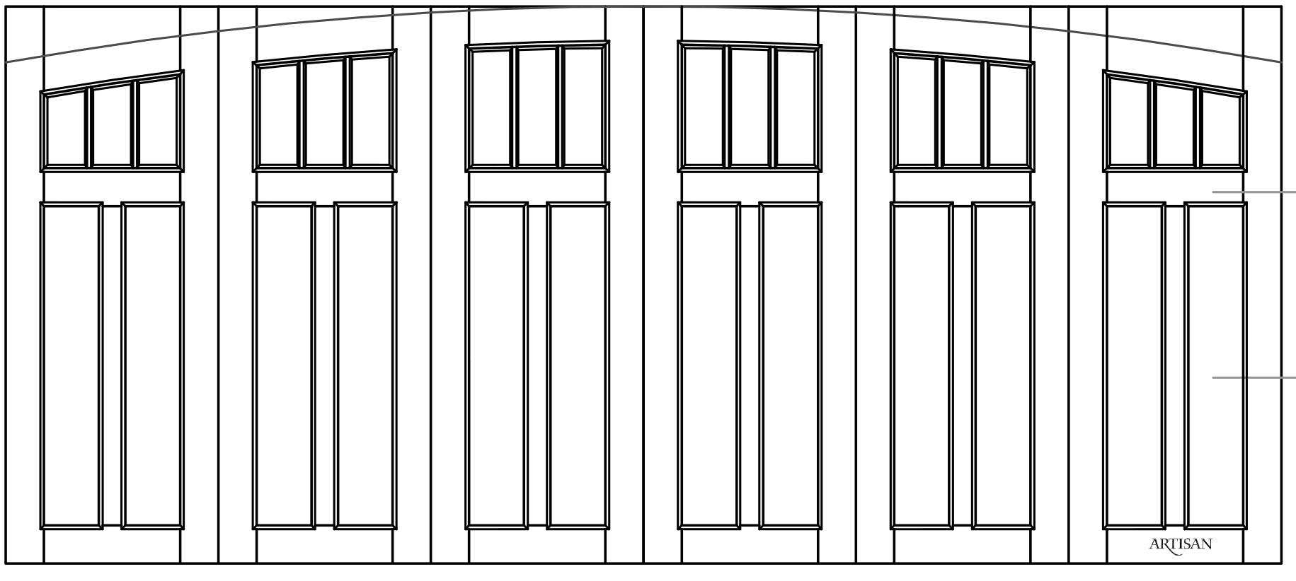 Sketch of trifold style door with 18 lites and arch top