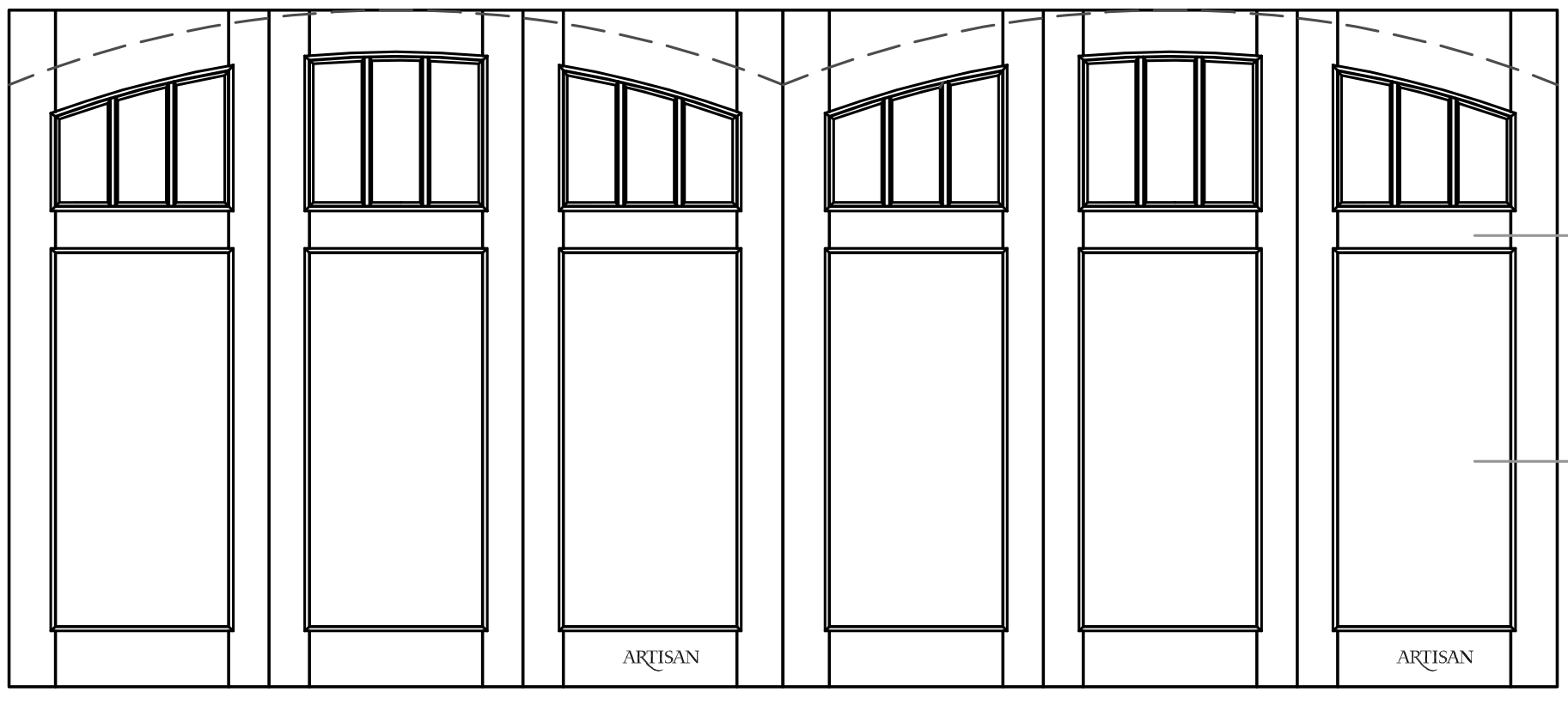 Sketch of trifold style door with 18 lites and double arch top