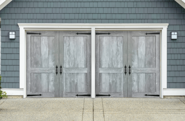 American Farmhouse, a gray faux wood garage door from Artisan Custom Doorworks