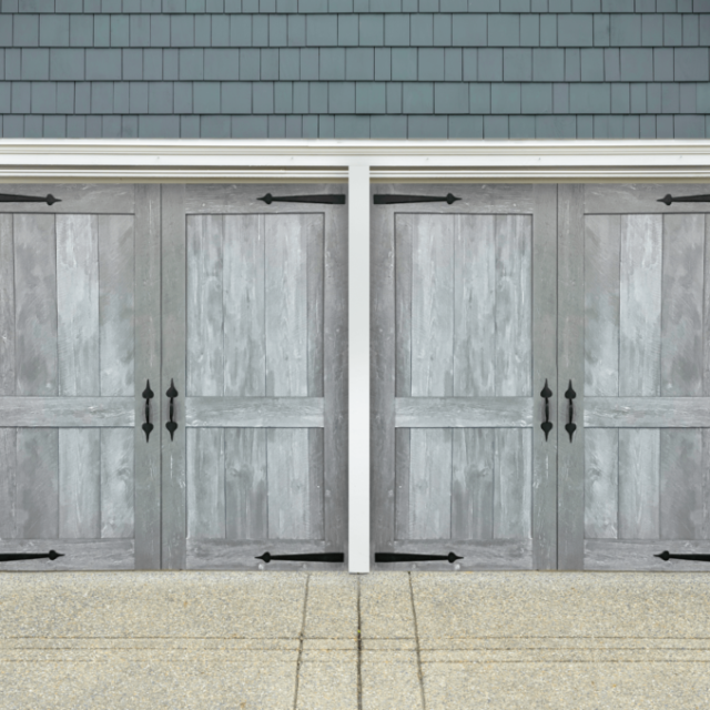Grey American Farmhouse Garage Door With Door Handles.