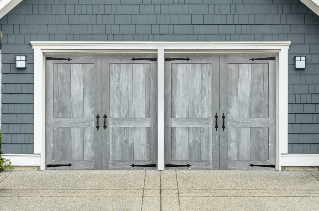 Grey American Farmhouse Garage Door With Door Handles.