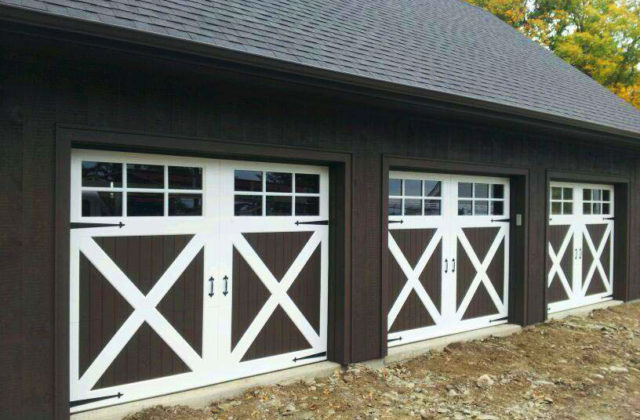 Brown Composite Wood Garage Door With White X Beams, Window Panels On Brown Garage