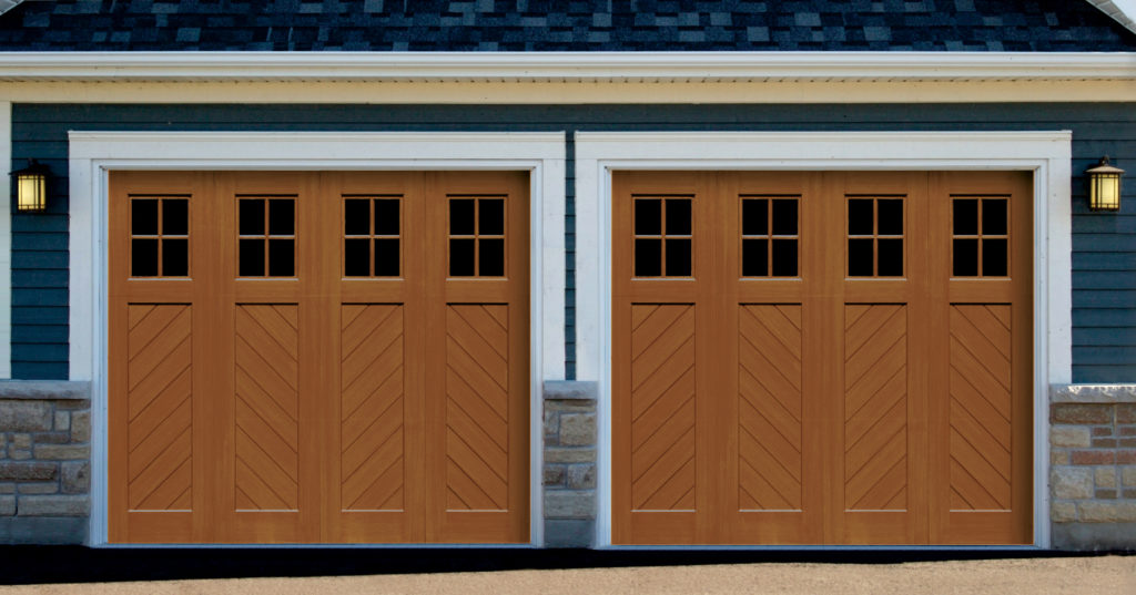 Two Rhapsody faux wood garage doors from Artisan Custom Doorworks on a house