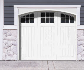 White Wood Composite Garage Door with three arhced windows