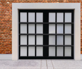 Glass garage door with black window panes