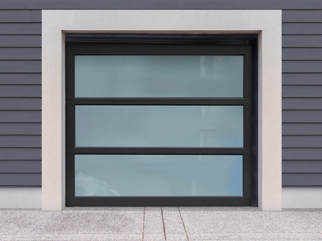 Glass garage door with three black horizontal window panes