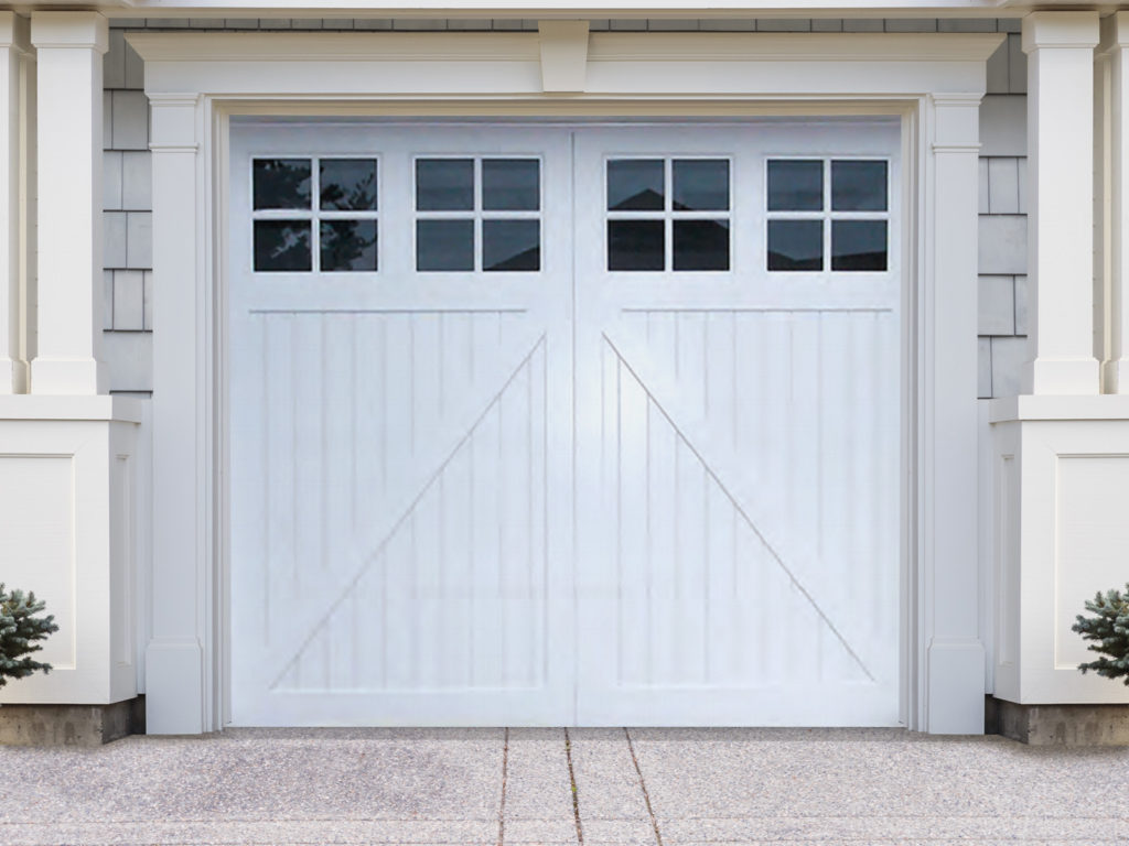 Prelude 2, a white vinyl carriage garage door, from Artisan Custom Doorworks