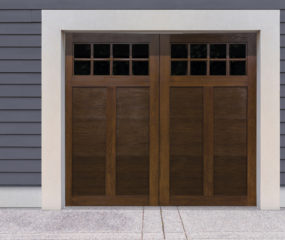 English Oak stain finish on faux wood garage door with two windows