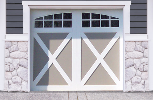 White and gray faux wood garage door with x crossbuck panels and two windows