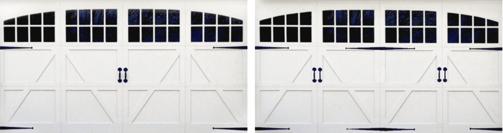 A side-by-side comparison of a garage door, one with strap hinges in the wrong place and one with strap hinges in the right place. 