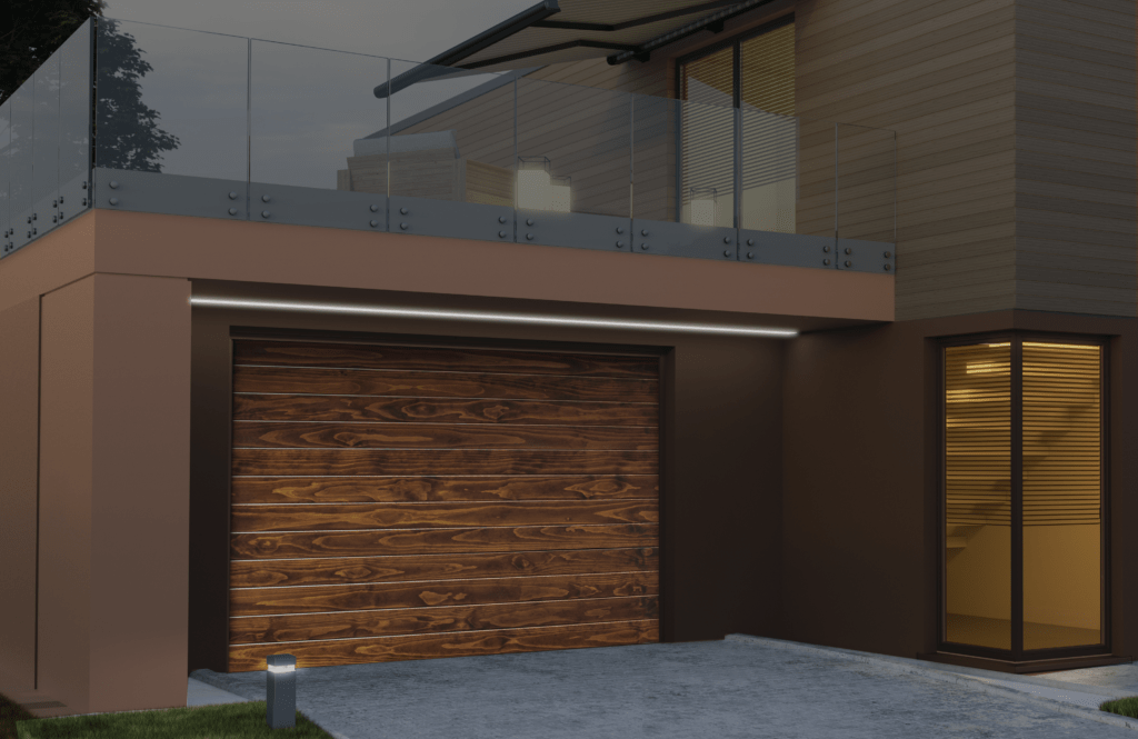 A panel garage door style made of dark wood 