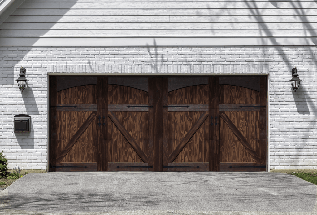 A two door brown garage door that represents a design from the TimberLife door series