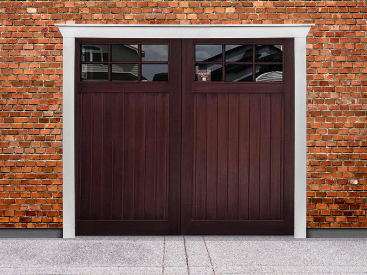 Dark brown stained wooden garage door with rectangular windows on brick garage