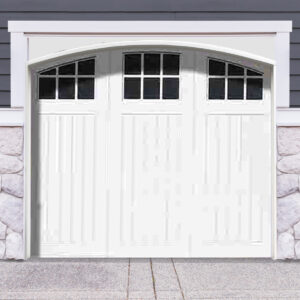 White Wood Composite Garage Door with three arhced windows