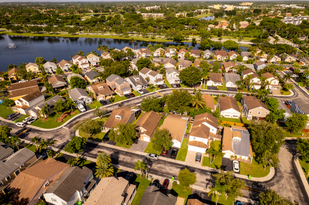 Aerial view of a neighborhood with homeowners' association.