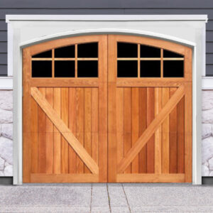 Light brown arched swing out wooden garage door with v buck panels and two windows