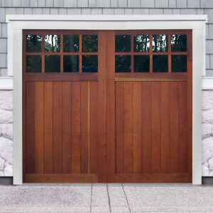 Brown swing out wooden garage door with two windows