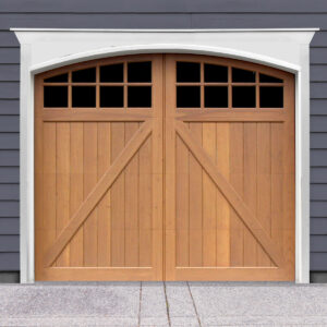 Brown swing out wooden carriage garage door with windows and z panel bucks