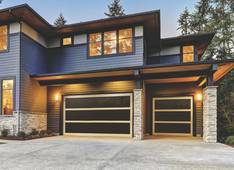 Exterior view of bronze glass garage doors