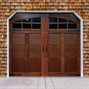 Mahogany faux wood carriage garage door with two windows and door handles