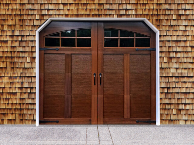 Mahogany faux wood carriage garage door with two windows and door handles