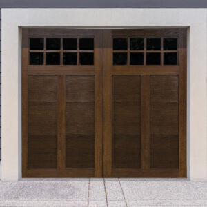 English Oak stain finish on faux wood garage door with two windows