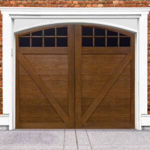 Ash stain finish faux wood garage door with v buck panels and two windows