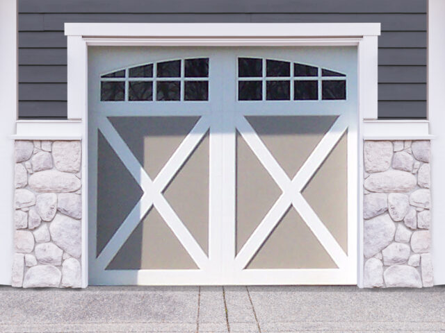 White and gray faux wood garage door with x crossbuck panels and two windows