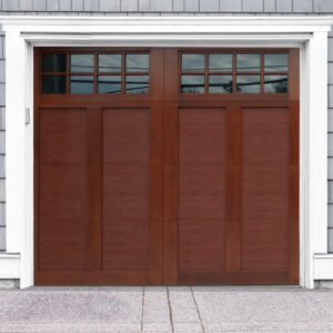 Mahogany stained faux wood swing out garage door with two windows