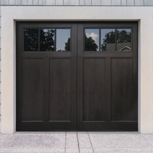Walnut stained compostie wood carriage garage door with two windows
