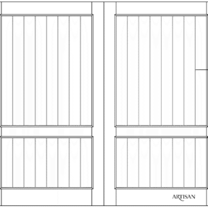 Line drawing of a swing-style barn garage door with T&G panels and a low cross rail.