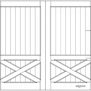 Line drawing of a swing-style barn garage door with T&G panels, low cross rail, and cross-bucks.