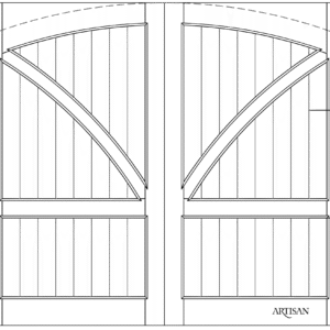 Line drawing of an arch-top barn-style garage door with T&G panels and sprung-buck overlays.