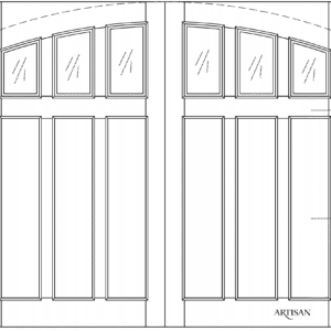 Line drawing of a carriage garage door with 6 flat panels and 6-lite mullioned arch-top windows.