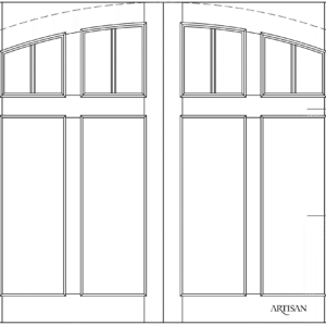 Line drawing of a carriage garage door with 4 flat panels and 8-lite mullioned arch-top windows.