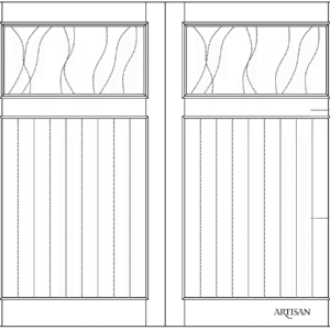 Line drawing of a carriage garage door with T&G panels and decorative 2-lite windows.