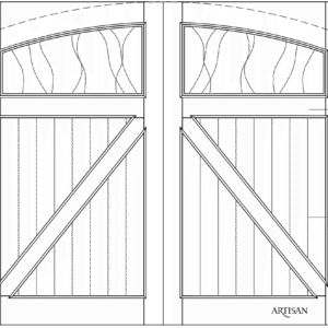 Line drawing of a carriage garage door with Z-bucks, T&G panels, and arch-top 2-lite windows.
