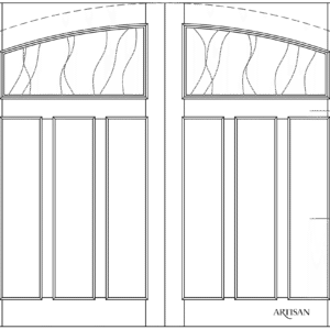 Line drawing of a carriage garage door with flat panels and arch-top 2-lite windows.