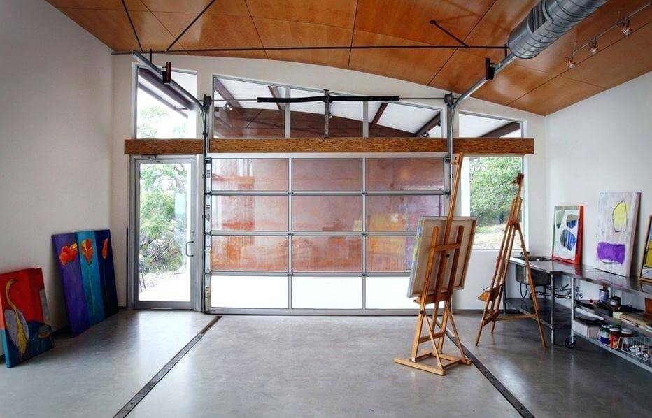 Garage space turned into an art studio.