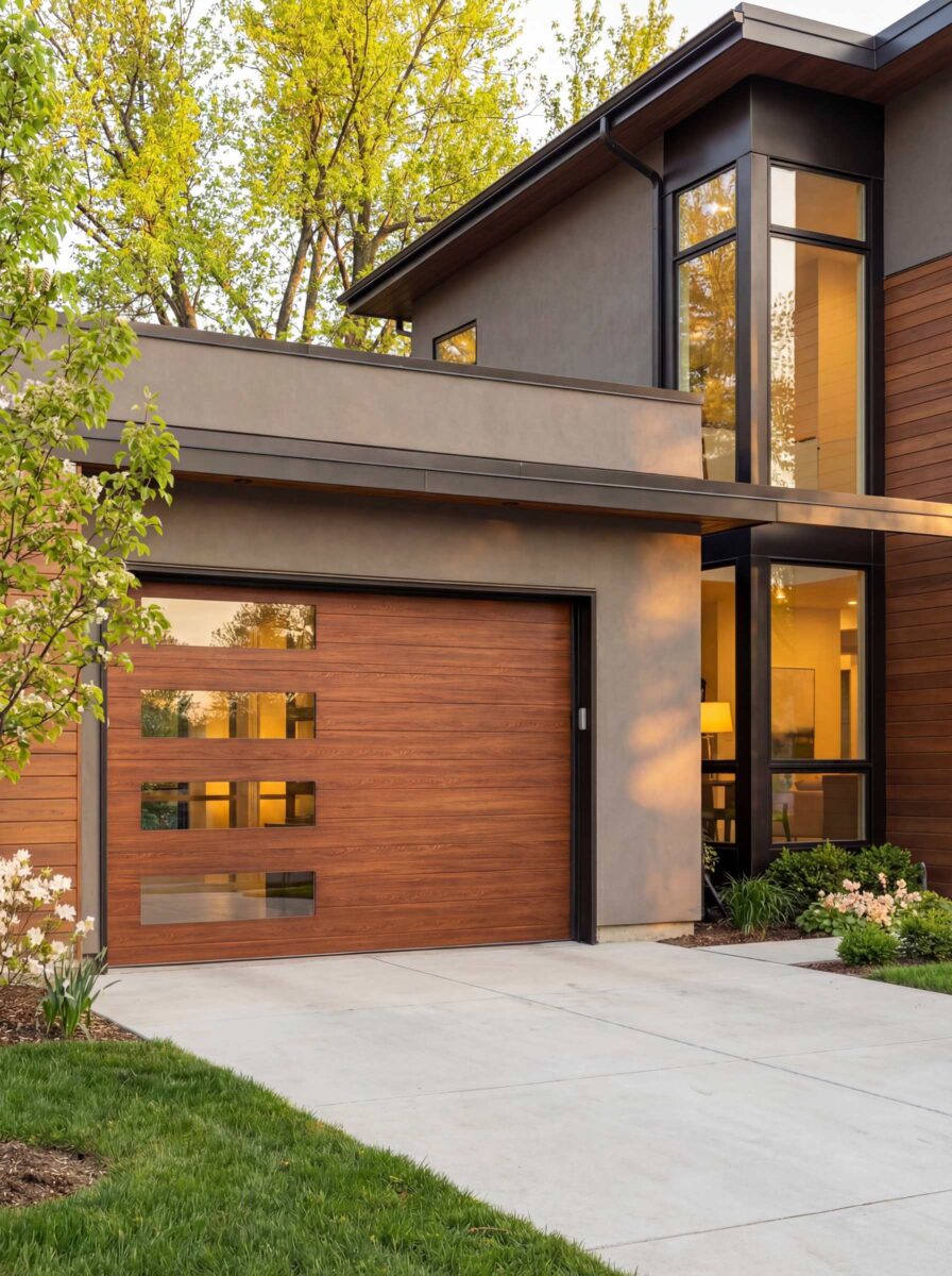 Brown custom modern garage door on a modern gray house.