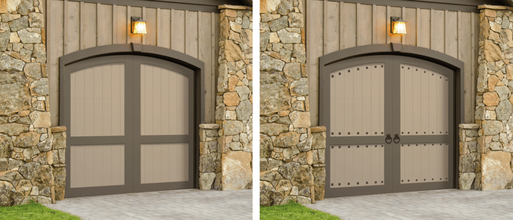 A side-by-side comparison of a garage door without clavos versus one without clavos
