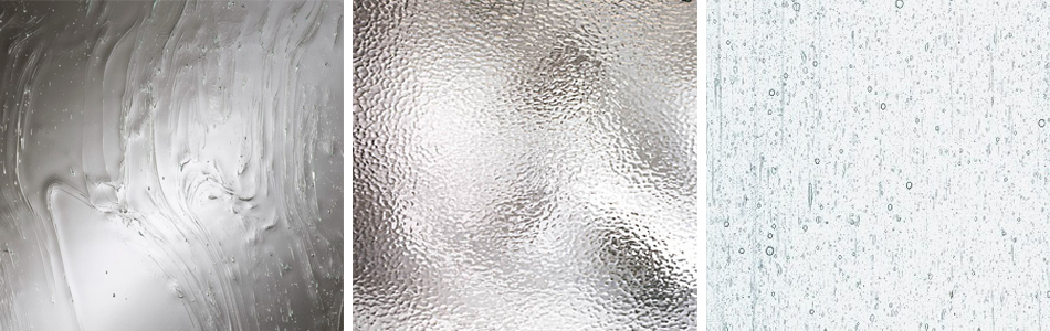 Examples of hammered, seeded, and glacier specialty glass for garage doors