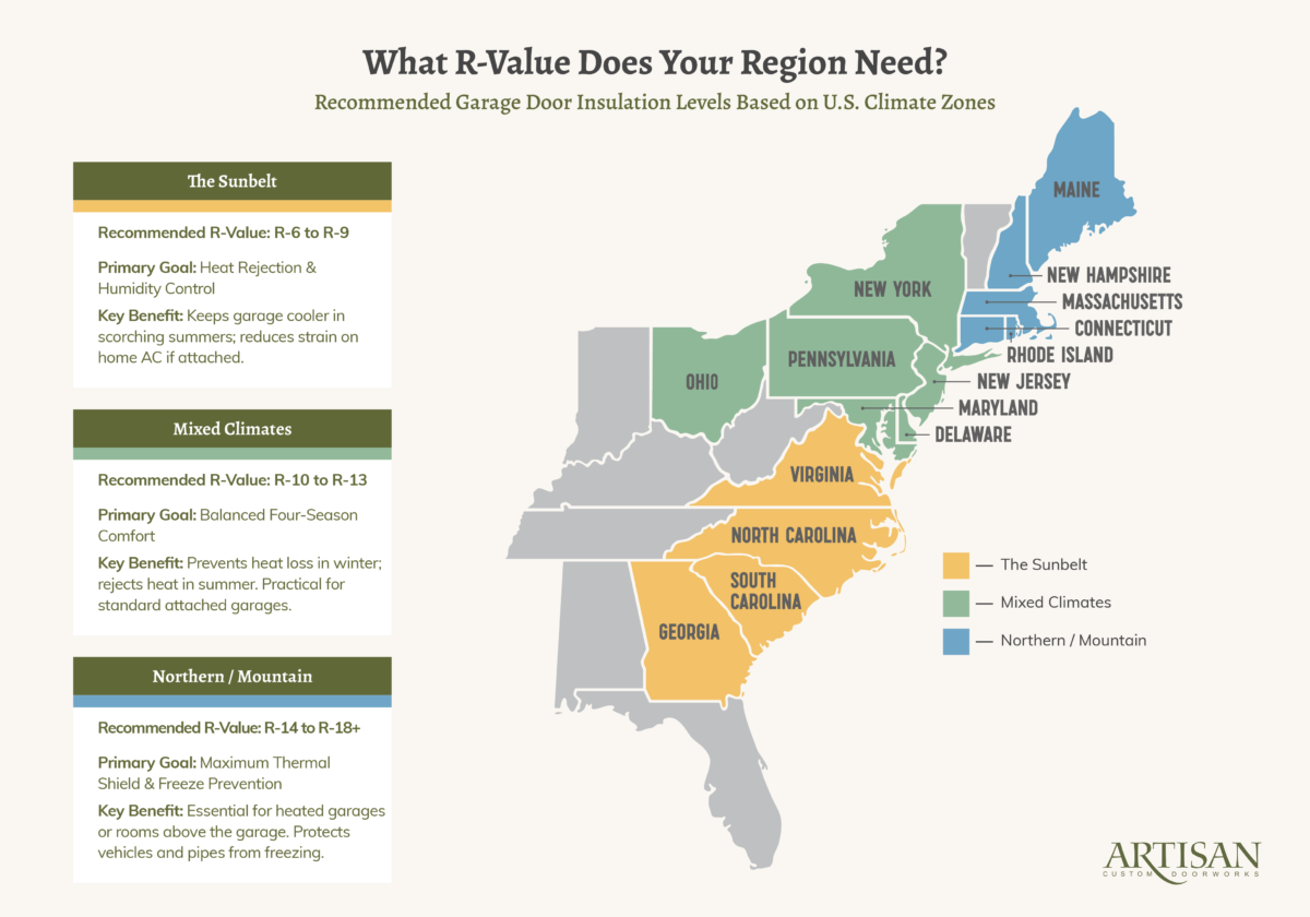 A map showing the eastern United States seaboard and what r-value each region needs. 